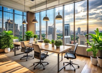 Obraz premium Modern Office Interior with City View and Bokeh Effect â€“ Bright, Stylish Workspace, Urban Landscape, Glass Windows, Natural Light