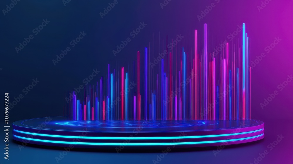 Poster a vibrant, abstract display of colorful vertical bars on a circular base, set against a dark backgro