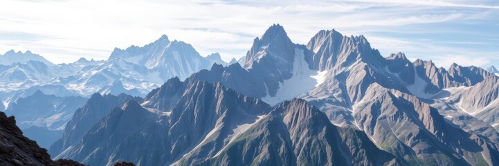 Obraz premium A majestic mountain range reaching into the sky, with rugged peaks and steep cliffs, panorama, scenic