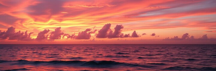 Obraz premium Vibrant orange and pink hues paint the sky during a stunning sunset over the ocean, coastal, orange