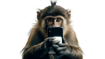 Monkey with smartphone on transparent background PNG....