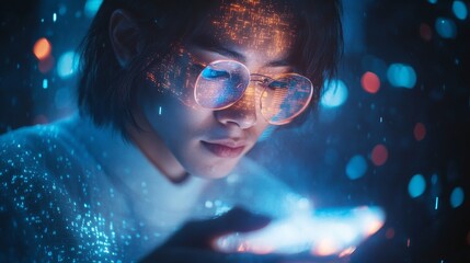 Business professionals use smartphones to view financial data and charts, with digital holographic icons displaying growth charts and stock market trends. The background is dark gray