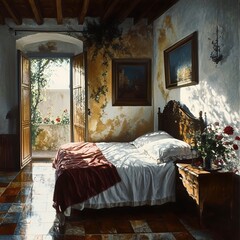 Sunlit Bedroom Interior with Vintage Furniture and Tile Floor