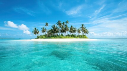 Fototapeta premium A pristine white sand beach stretches out, with a small island nearby, dotted with tall coconut trees swaying gently in the breeze, creating a tropical paradise.