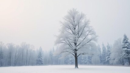 Fototapeta premium A snowy tree standing tall in a winter wonderland, with snow-covered branches and a serene atmosphere, frozen, landscape