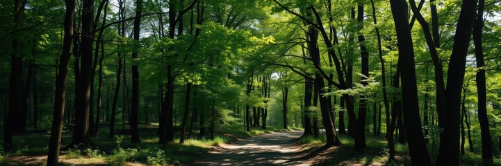 Fototapeta premium A serene forest path winding through a dense canopy of trees, dappled sunlight filtering through the leaves, creating a peaceful and tranquil atmosphere, peaceful, nature