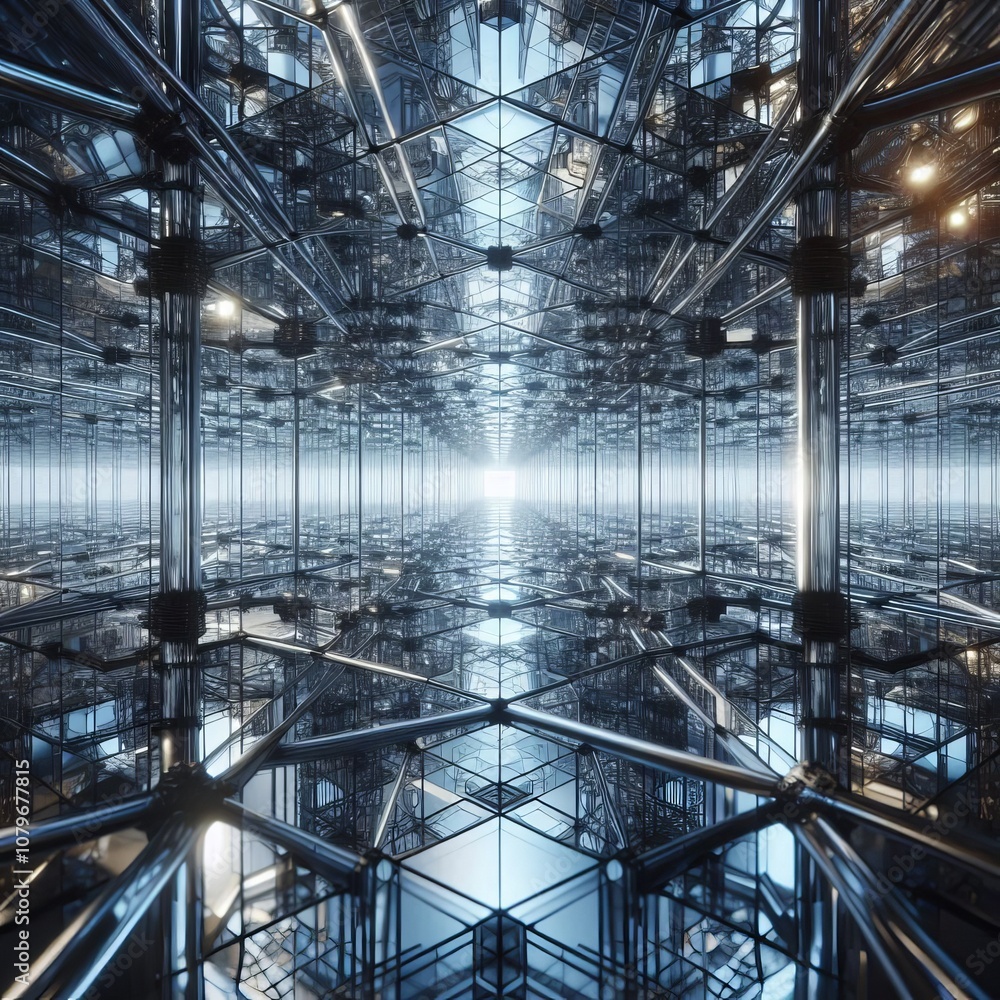 Poster a network of tunnels with mirrored interiors fragmenting and ref