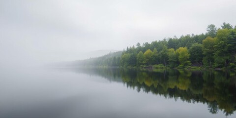 Fototapeta premium A serene lake surrounded by lush green trees reflecting in the calm water, nature, tranquil