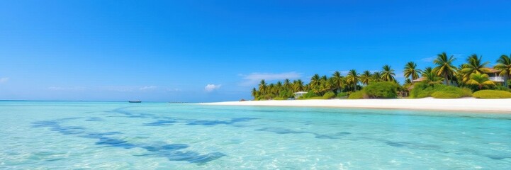 Fototapeta premium A serene beach with crystal clear blue water, white sandy shore, and lush palm trees, perfect for a summer vacation getaway, peaceful, sea