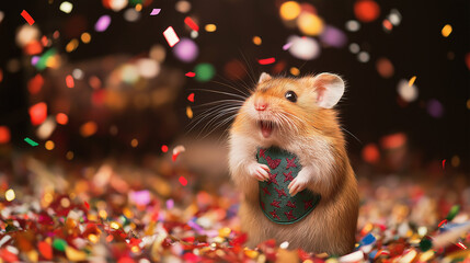 Hamster in a little New Year vest, colorful confetti all around
