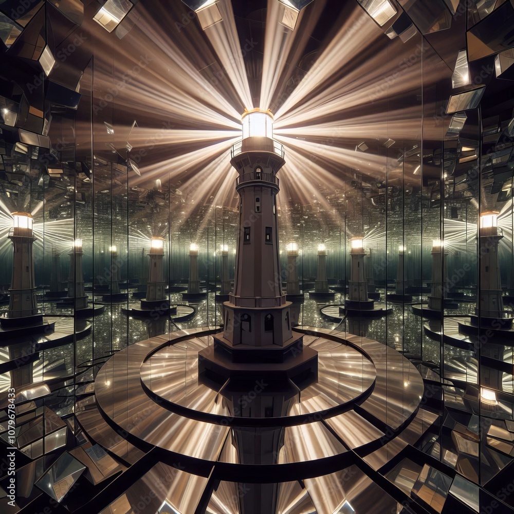 Poster a rotating light in a mirrored room simulates a lighthouse the b