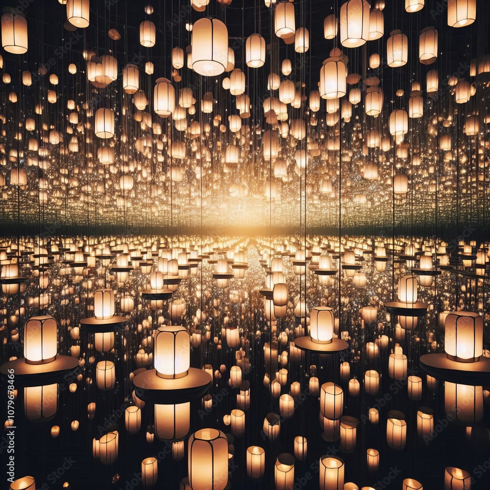 Poster a serene space filled with floating lanterns reflected infinitel