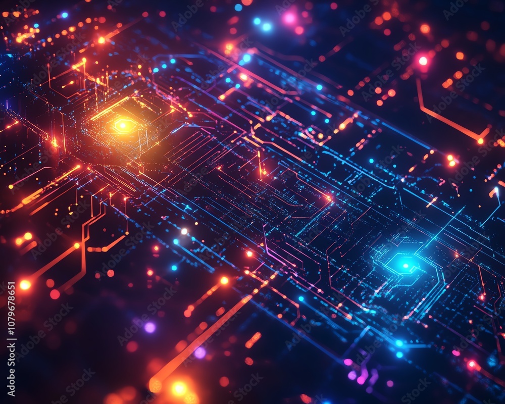 Poster colorful neon geometric shapes in cyberspace, glowing lights and structures creating a mesmerizing d