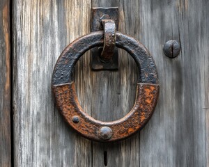 Rusty Door Knocker on Wooden Door.