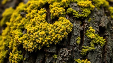 Obraz premium A close-up shot of lichen moss growing on a tree trunk, showcasing its vibrant green and yellow hues, forest, botanical