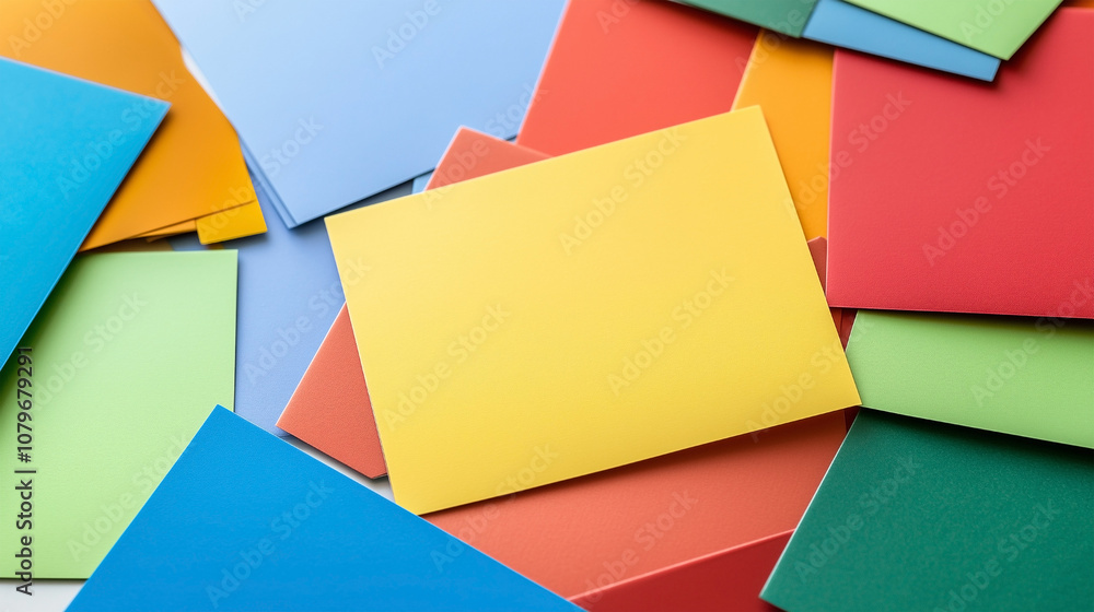 Poster a stack of colorful papers with a yellow square in the middle