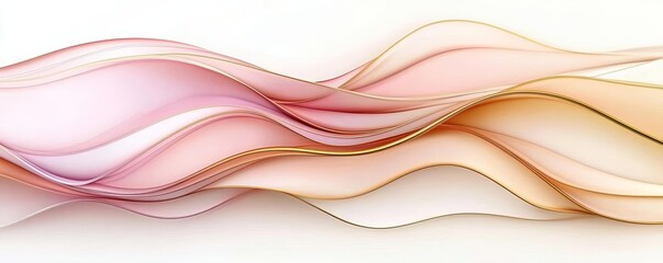 Abstract liquid waves in soft pink and gold, smooth motion, ethereal and calming, flowing textures, luminous effect, gentle ambiance