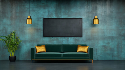 A luxurious living room with a minimalist black frame holding a monochromatic art piece, centered above a deep green velvet sofa with gold cushions, creating a sophisticated contrast