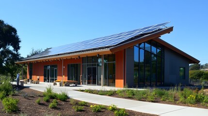 A solar-powered community center that provides renewable energy for social programs, lighting, and recreational activities, promoting sustainability and community well-being.