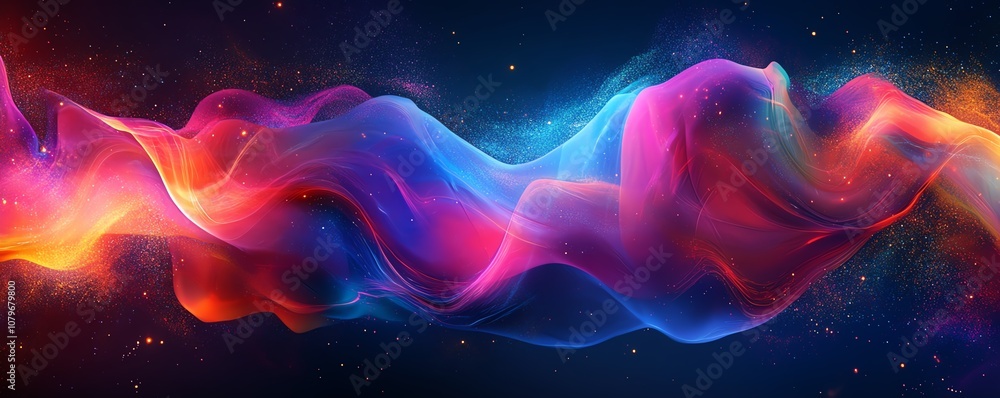 Aufkleber futuristic geometric shapes in neon colors, glowing lights and dynamic structures floating in cybers