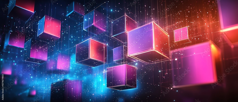 Aufkleber futuristic geometric shapes in neon colors, glowing lights and dynamic structures floating in cybers