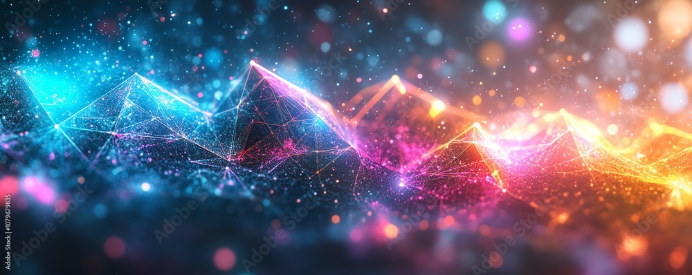 Poster futuristic geometric shapes in neon colors, glowing lights and dynamic structures floating in cybers