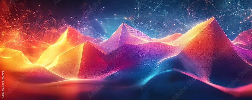 Fototapete Futuristic geometric shapes in neon colors, glowing lights and dynamic structures floating in cyberspace, creating an immersive and otherworldly digital environment