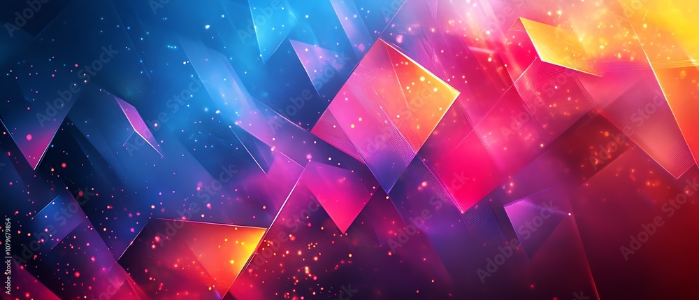Poster geometric neon structures with vibrant colors, glowing lights in cyberspace, futuristic digital worl