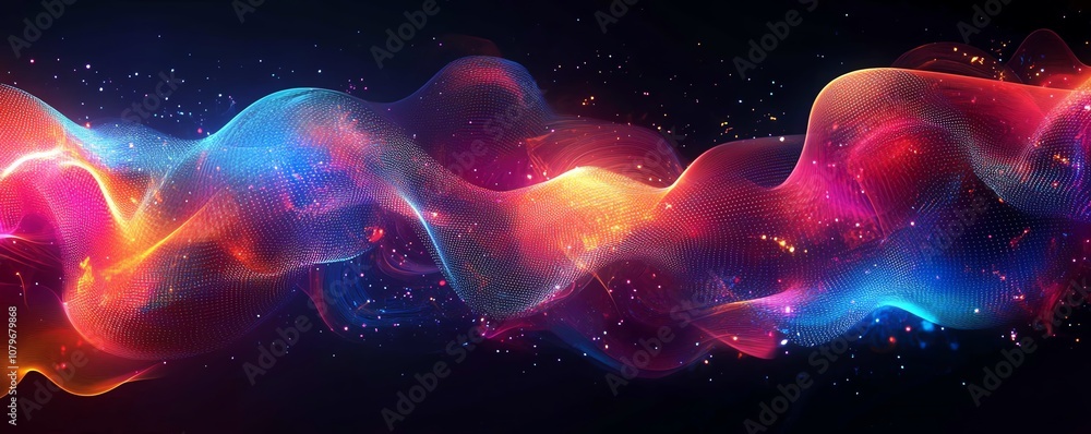 Aufkleber futuristic geometric shapes in neon colors, glowing lights and dynamic structures floating in cybers