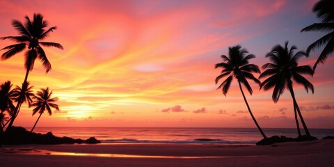 Vibrant orange and pink sunset over a calm beach with palm trees silhouetted in the foreground, seaside, travel
