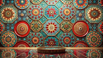 Intricate Geometric Patterned Tile Wall with Golden Accents and a Polished Empty Platform for Display