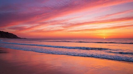 Vibrant orange and pink hues blend together in a stunning sunset over a tranquil beach scene, clouds, serene