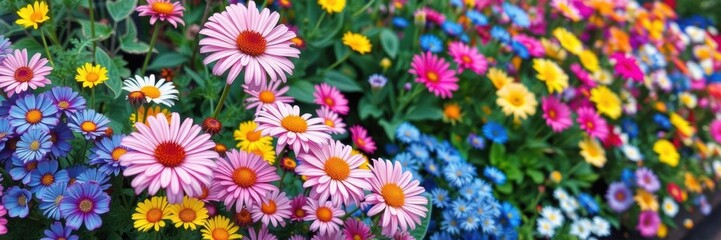 Fototapeta premium A vibrant display of various shades of green, pink, yellow, and blue flowers blooming in a beautiful spring garden, environment, fresh