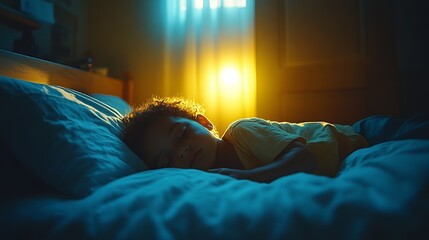 A young boy peacefully sleeps at night, with a faint warm light seeping through the door crack, while the rest of the room is shrouded in shadows, creating a quiet and mysterious atmosphere.
