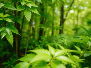 Obraz premium A close-up shot of vibrant green leaves in a forest setting, showcasing the beauty of nature, foliage, growth