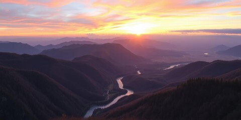 Fototapeta premium A breathtaking panoramic view of a colorful sunrise over a tranquil mountain landscape with a winding river flowing through the valley, sunrise, travel