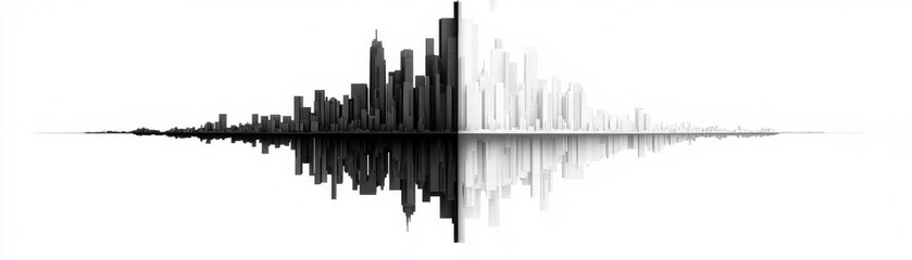 Fototapeta premium Economic Growth and Climate Change concept. A sleek black-and-white wave pattern resembling a skyline, illustrating sound waves with varying heights against a reflective background.