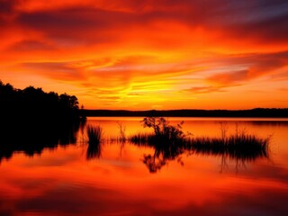 Obraz premium Vibrant sunrise over a calm lake with silhouetted trees, morning, reflection