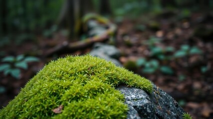 Obraz premium Close up shot of a lush green moss plant covering a rock in a forest setting, organic, macro