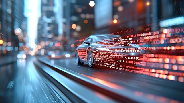 Futuristic connected car with digital data streams speeding at high velocity on a night city highway symbolizing the future of smart intelligence