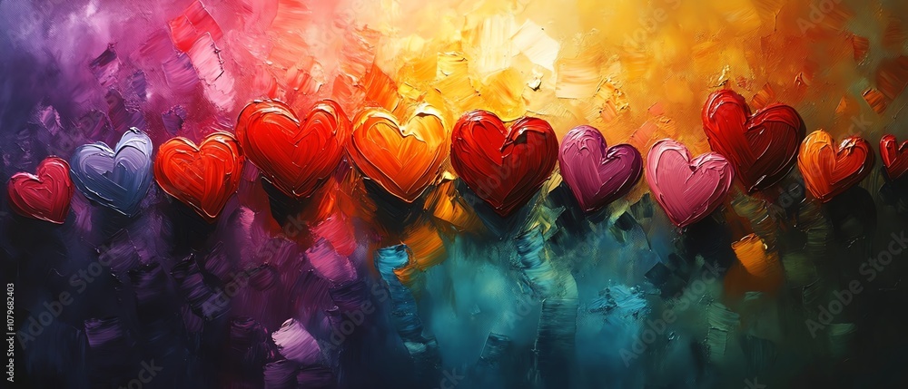 Poster vibrant 2d abstract art featuring a burst of colorful hearts, radiant reds, pinks, and purples explo
