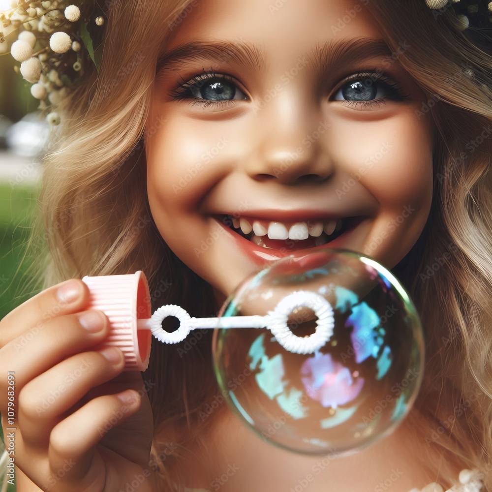 Poster child blowing bubbles bubble close up reflection in the bubble j