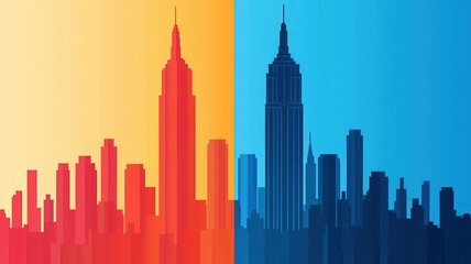 Obraz premium Economic Growth and Climate Change concept. A vibrant abstract illustration of a city skyline, featuring silhouettes against contrasting warm and cool backgrounds.