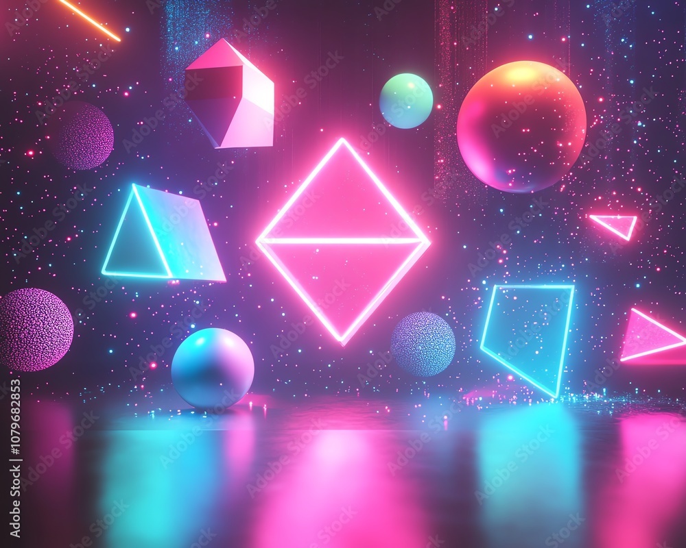 Poster Abstract geometric forms glowing in neon colors, floating in cyberspace with dynamic digital lights, vibrant hues of pink, blue, and green creating a hightech, futuristic scene