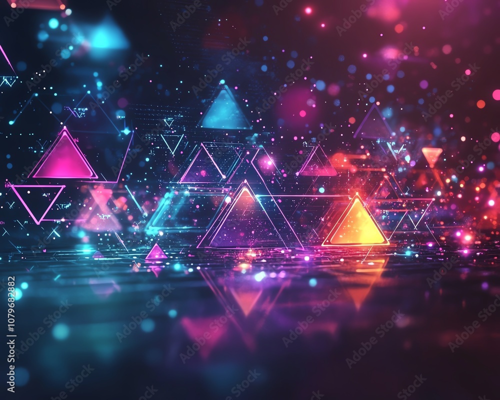 Poster abstract geometric forms glowing in neon colors, floating in cyberspace with dynamic digital lights,