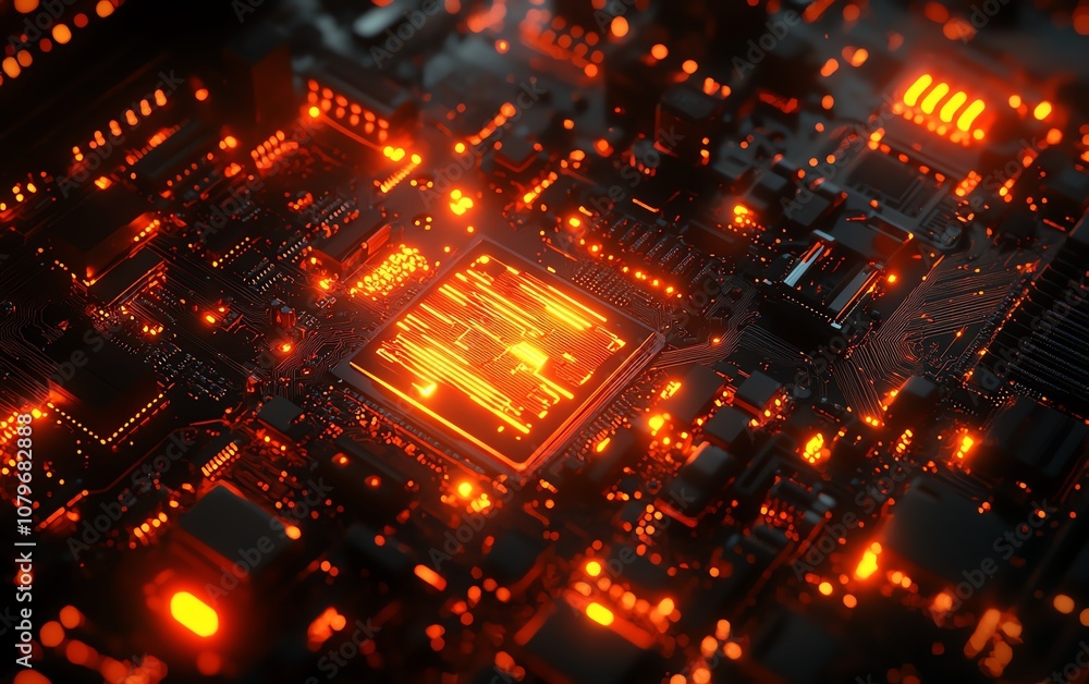 Poster 3d rendering of a computer motherboard with glowing, futuristic circuits and patterns, symbolizing d