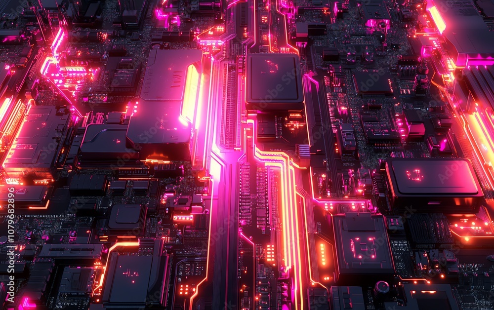 Poster 3d rendering of a computer motherboard with glowing, futuristic circuits and patterns, symbolizing d