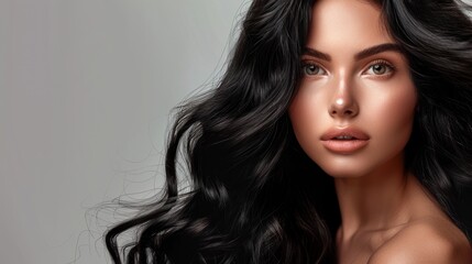 Fototapeta premium Model Girl with long wavy and shiny brown hair, AI generated image