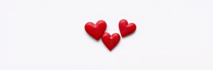 Fototapeta premium Three red heart-shaped candies arranged in a neat line on a white paper background, minimalist style, top view, Valentine's Day, romance
