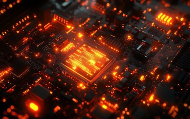 3D rendering of a computer motherboard with glowing, futuristic circuits and patterns, symbolizing digital communication, modern technology, and the future of computing